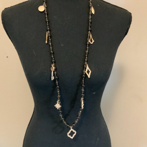 WHBM Smokey Glass Beaded Gold Tone Rhinestone Dangling Charms Necklace - Picture 2 of 5